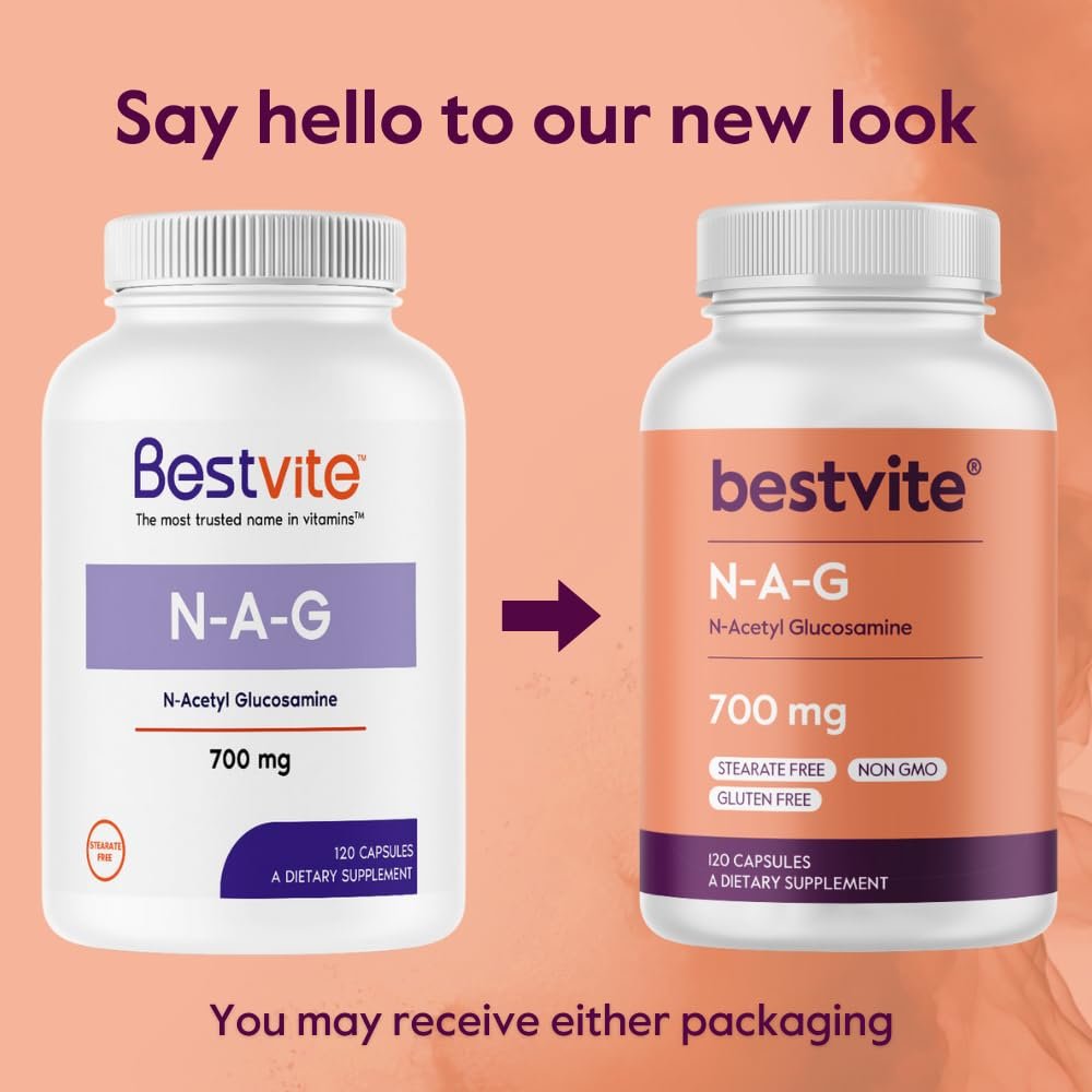 BESTVITE N-Acetyl Glucosamin (N-A-G) 700mg – 120 Kapseln – ohne Stearate – Nicht-GVO – Glutenfrei