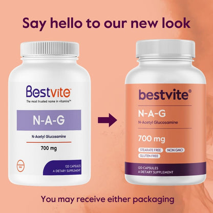 BESTVITE N-Acetyl Glucosamin (N-A-G) 700mg – 120 Kapseln – ohne Stearate – Nicht-GVO – Glutenfrei