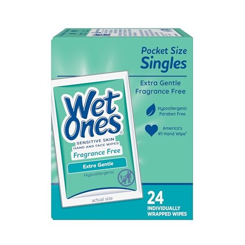 Wet Ones Hand and Face Wipes Singles, Unscented – 24 einzeln verpackte Tücher (6er-Pack) für empfindliche Haut
