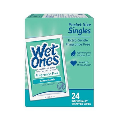 Wet Ones Hand and Face Wipes Singles, Unscented – 24 einzeln verpackte Tücher (6er-Pack) für empfindliche Haut