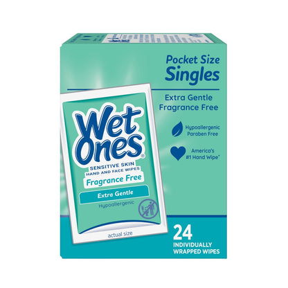 Wet Ones Hand and Face Wipes Singles, Unscented – 24 einzeln verpackte Tücher (6er-Pack) für empfindliche Haut