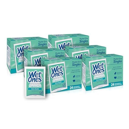 Wet Ones Hand and Face Wipes Singles, Unscented – 24 einzeln verpackte Tücher (6er-Pack) für empfindliche Haut