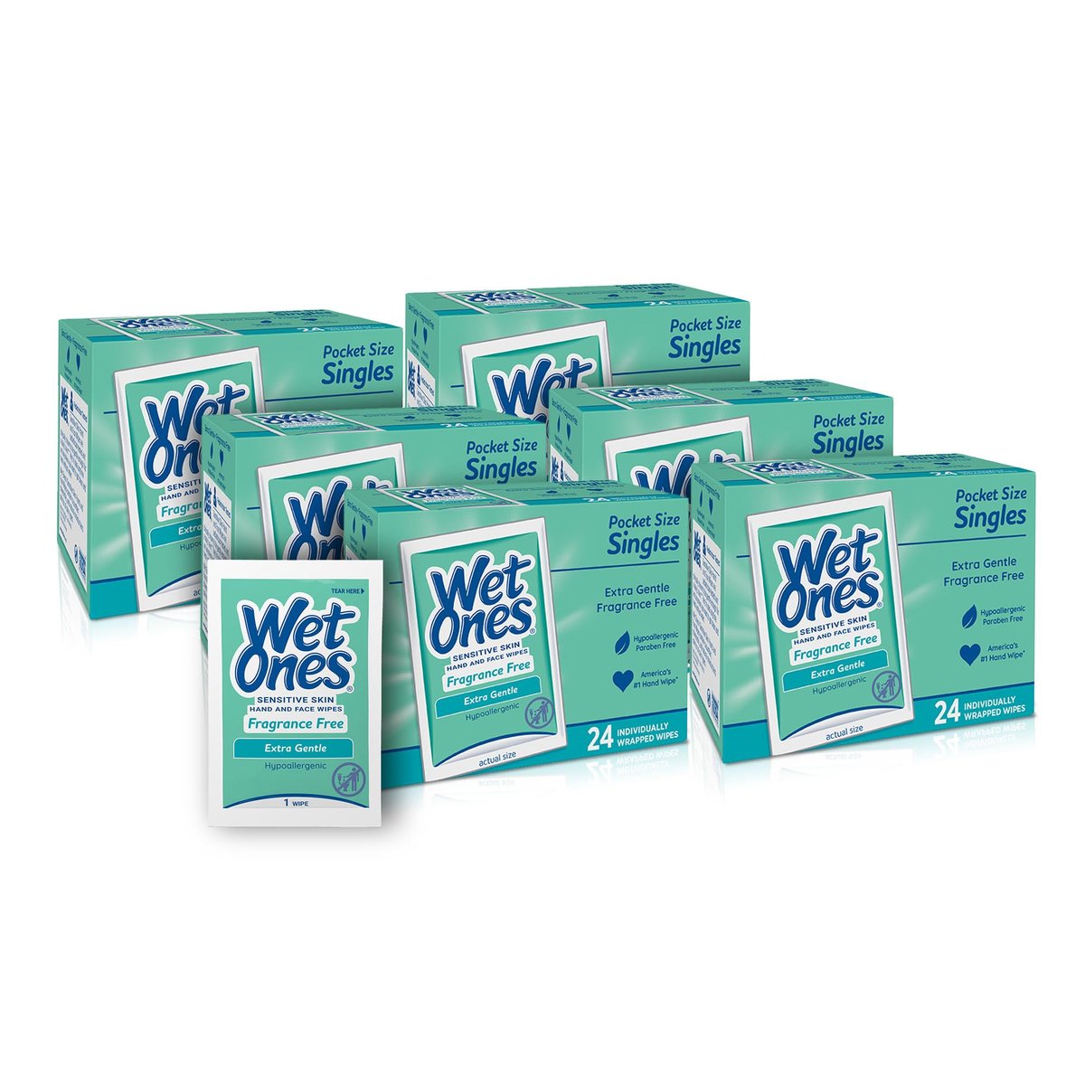 Wet Ones Hand and Face Wipes Singles, Unscented – 24 einzeln verpackte Tücher (6er-Pack) für empfindliche Haut