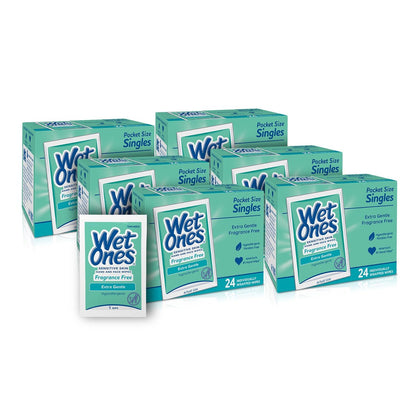 Wet Ones Hand and Face Wipes Singles, Unscented – 24 einzeln verpackte Tücher (6er-Pack) für empfindliche Haut
