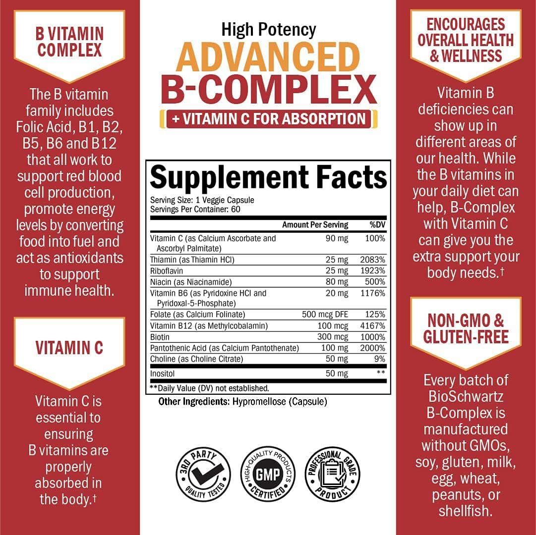 BioSchwartz Vitamin B Komplex mit Vitamin C – Methylcobalamin B12 & Folsäure – B1, B2, B3, B5, B6, B7, B9 für Immunsystem, Energie & Nervensystem – Non-GMO, 60 Kapseln