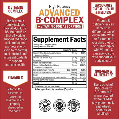 BioSchwartz Vitamin B Komplex mit Vitamin C – Methylcobalamin B12 & Folsäure – B1, B2, B3, B5, B6, B7, B9 für Immunsystem, Energie & Nervensystem – Non-GMO, 60 Kapseln