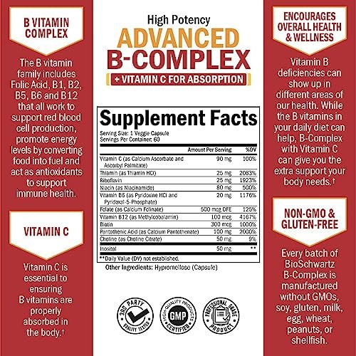 BioSchwartz Vitamin B Komplex mit Vitamin C – Methylcobalamin B12 & Folsäure – B1, B2, B3, B5, B6, B7, B9 für Immunsystem, Energie & Nervensystem – Non-GMO, 60 Kapseln