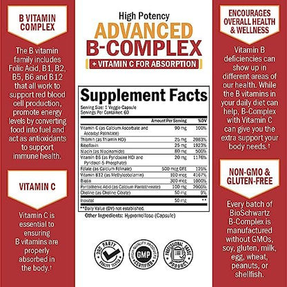 BioSchwartz Vitamin B Komplex mit Vitamin C – Methylcobalamin B12 & Folsäure – B1, B2, B3, B5, B6, B7, B9 für Immunsystem, Energie & Nervensystem – Non-GMO, 60 Kapseln