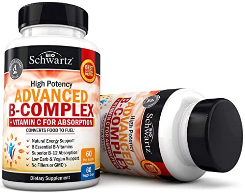 BioSchwartz Vitamin B Komplex mit Vitamin C – Methylcobalamin B12 & Folsäure – B1, B2, B3, B5, B6, B7, B9 für Immunsystem, Energie & Nervensystem – Non-GMO, 60 Kapseln