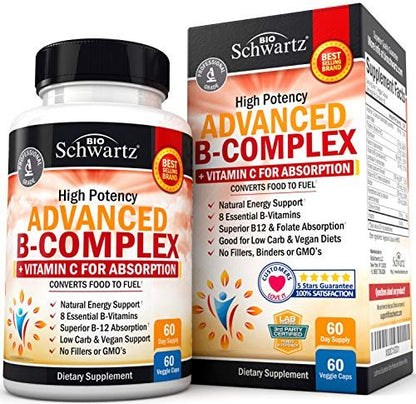 BioSchwartz Vitamin B Komplex mit Vitamin C – Methylcobalamin B12 & Folsäure – B1, B2, B3, B5, B6, B7, B9 für Immunsystem, Energie & Nervensystem – Non-GMO, 60 Kapseln