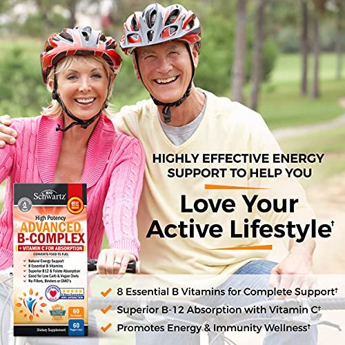 BioSchwartz Vitamin B Komplex mit Vitamin C – Methylcobalamin B12 & Folsäure – B1, B2, B3, B5, B6, B7, B9 für Immunsystem, Energie & Nervensystem – Non-GMO, 60 Kapseln