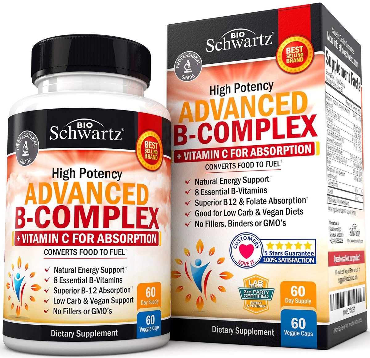 BioSchwartz Vitamin B Komplex mit Vitamin C – Methylcobalamin B12 & Folsäure – B1, B2, B3, B5, B6, B7, B9 für Immunsystem, Energie & Nervensystem – Non-GMO, 60 Kapseln