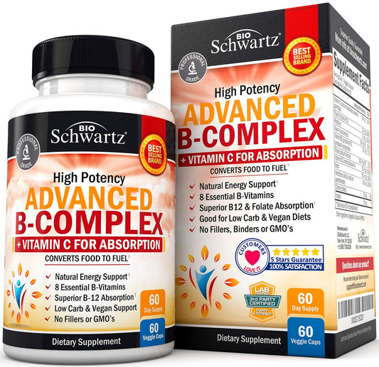 BioSchwartz Vitamin B Komplex mit Vitamin C – Methylcobalamin B12 & Folsäure – B1, B2, B3, B5, B6, B7, B9 für Immunsystem, Energie & Nervensystem – Non-GMO, 60 Kapseln