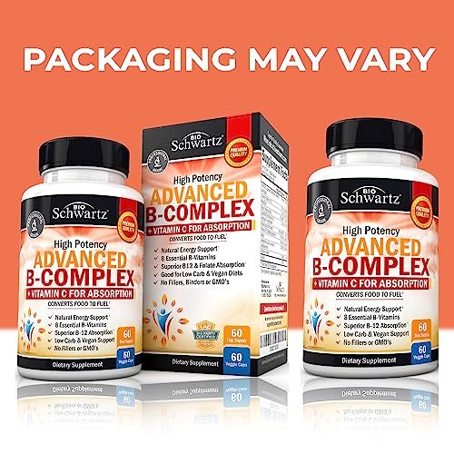 BioSchwartz Vitamin B Komplex mit Vitamin C – Methylcobalamin B12 & Folsäure – B1, B2, B3, B5, B6, B7, B9 für Immunsystem, Energie & Nervensystem – Non-GMO, 60 Kapseln