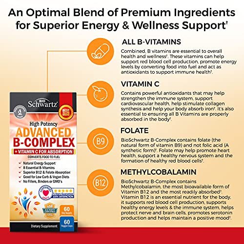 BioSchwartz Vitamin B Komplex mit Vitamin C – Methylcobalamin B12 & Folsäure – B1, B2, B3, B5, B6, B7, B9 für Immunsystem, Energie & Nervensystem – Non-GMO, 60 Kapseln