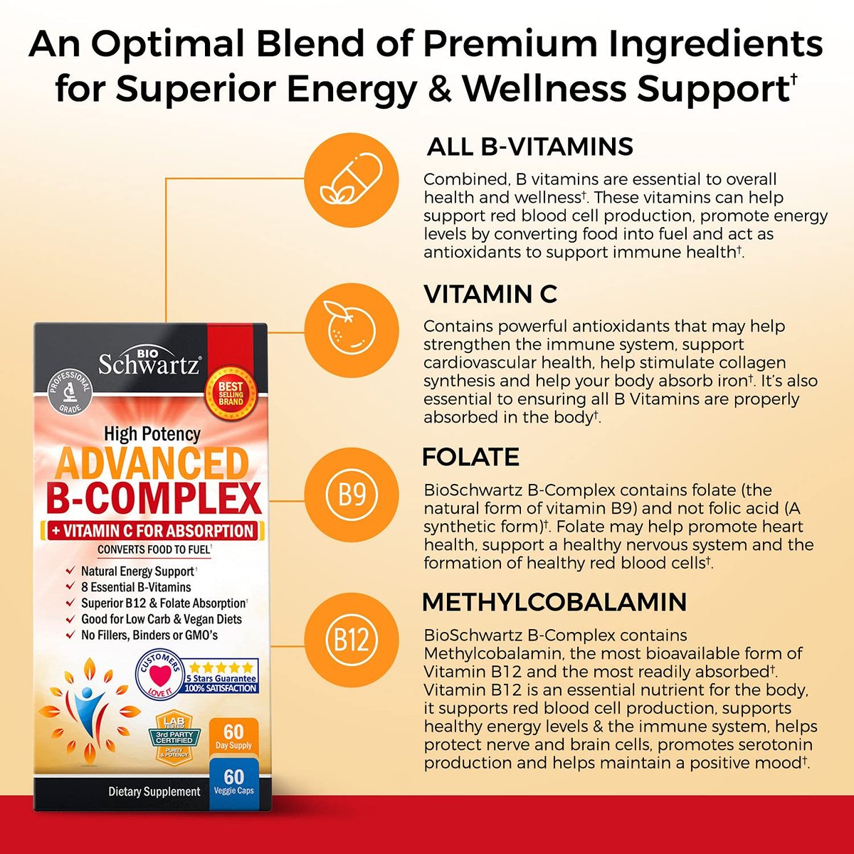 BioSchwartz Vitamin B Komplex mit Vitamin C – Methylcobalamin B12 & Folsäure – B1, B2, B3, B5, B6, B7, B9 für Immunsystem, Energie & Nervensystem – Non-GMO, 60 Kapseln