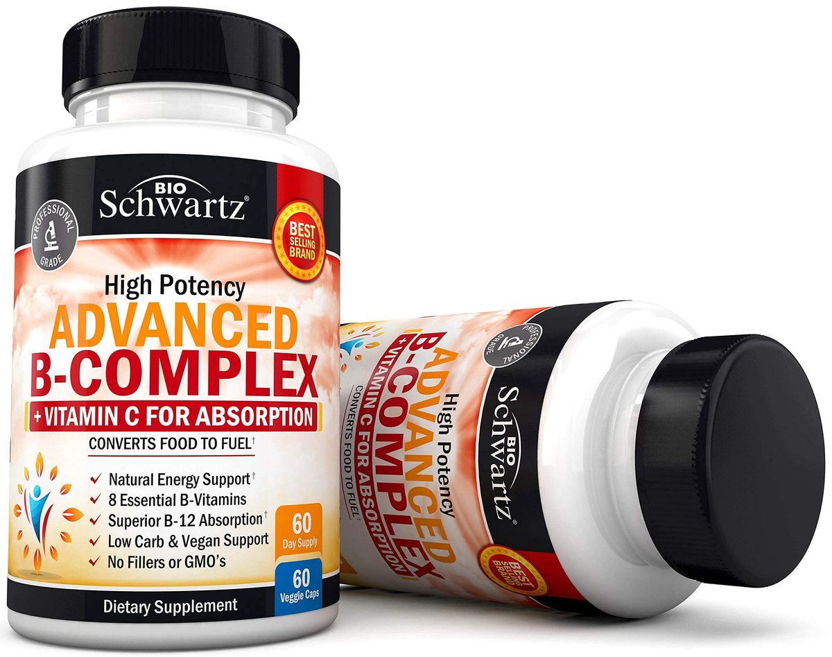BioSchwartz Vitamin B Komplex mit Vitamin C – Methylcobalamin B12 & Folsäure – B1, B2, B3, B5, B6, B7, B9 für Immunsystem, Energie & Nervensystem – Non-GMO, 60 Kapseln