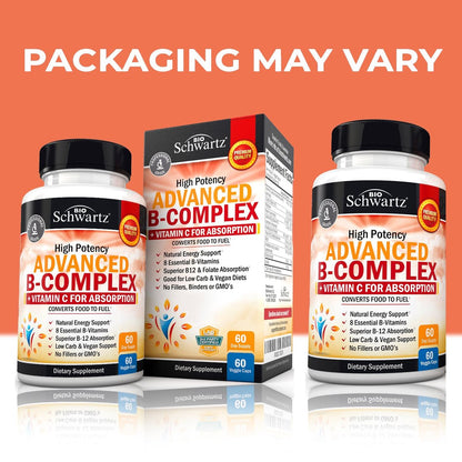 BioSchwartz Vitamin B Komplex mit Vitamin C – Methylcobalamin B12 & Folsäure – B1, B2, B3, B5, B6, B7, B9 für Immunsystem, Energie & Nervensystem – Non-GMO, 60 Kapseln