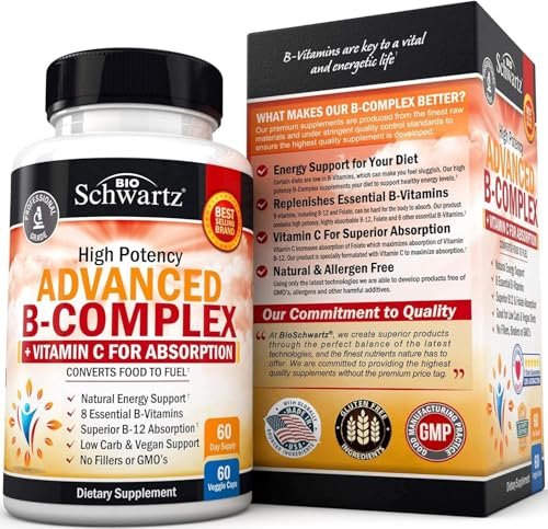 BioSchwartz Vitamin B Komplex mit Vitamin C – Methylcobalamin B12 & Folsäure – B1, B2, B3, B5, B6, B7, B9 für Immunsystem, Energie & Nervensystem – Non-GMO, 60 Kapseln