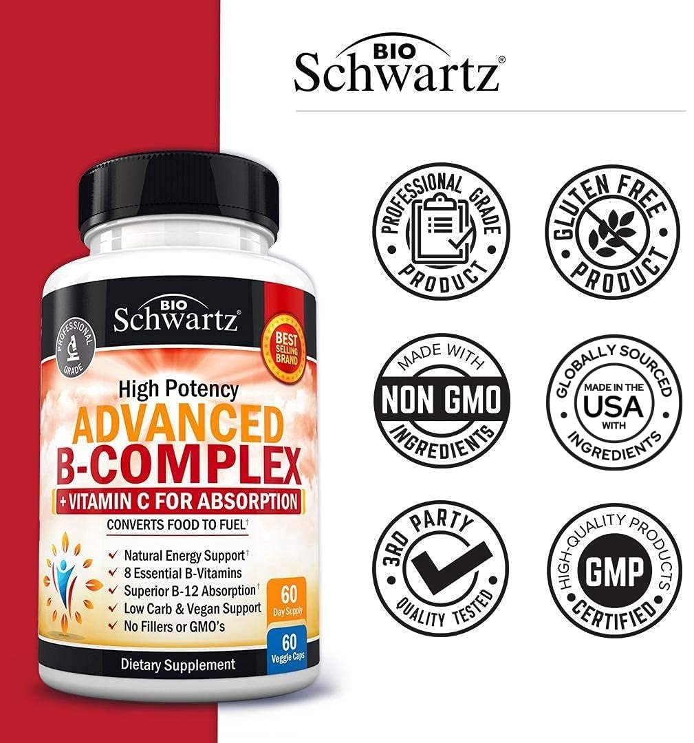 BioSchwartz Vitamin B Komplex mit Vitamin C – Methylcobalamin B12 & Folsäure – B1, B2, B3, B5, B6, B7, B9 für Immunsystem, Energie & Nervensystem – Non-GMO, 60 Kapseln