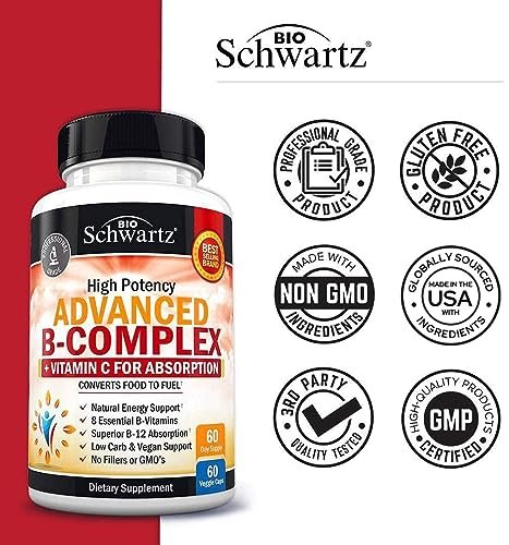 BioSchwartz Vitamin B Komplex mit Vitamin C – Methylcobalamin B12 & Folsäure – B1, B2, B3, B5, B6, B7, B9 für Immunsystem, Energie & Nervensystem – Non-GMO, 60 Kapseln