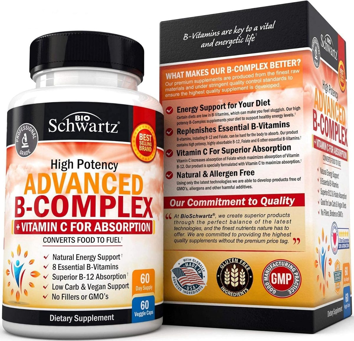BioSchwartz Vitamin B Komplex mit Vitamin C – Methylcobalamin B12 & Folsäure – B1, B2, B3, B5, B6, B7, B9 für Immunsystem, Energie & Nervensystem – Non-GMO, 60 Kapseln