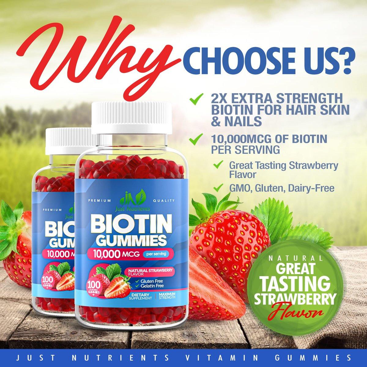 Biotin 10.000 mcg Gummibärchen für Haarwachstum, Haut & Nägel (100 Stück) - 2x Maximalstärke Biotin Vitamine für Frauen & Männer - Glutenfrei, Vegan, Erdbeergeschmack