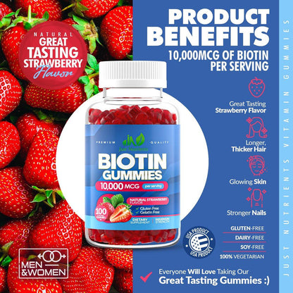 Biotin 10.000 mcg Gummibärchen für Haarwachstum, Haut & Nägel (100 Stück) - 2x Maximalstärke Biotin Vitamine für Frauen & Männer - Glutenfrei, Vegan, Erdbeergeschmack