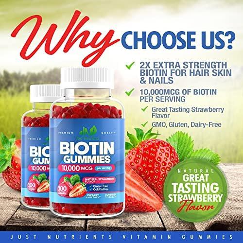 Biotin 10.000 mcg Gummibärchen für Haarwachstum, Haut & Nägel (100 Stück) - 2x Maximalstärke Biotin Vitamine für Frauen & Männer - Glutenfrei, Vegan, Erdbeergeschmack