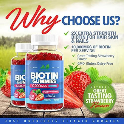 Biotin 10.000 mcg Gummibärchen für Haarwachstum, Haut & Nägel (100 Stück) - 2x Maximalstärke Biotin Vitamine für Frauen & Männer - Glutenfrei, Vegan, Erdbeergeschmack