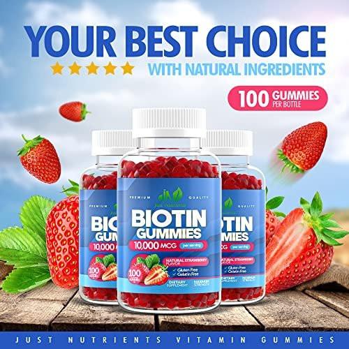 Biotin 10.000 mcg Gummibärchen für Haarwachstum, Haut & Nägel (100 Stück) - 2x Maximalstärke Biotin Vitamine für Frauen & Männer - Glutenfrei, Vegan, Erdbeergeschmack