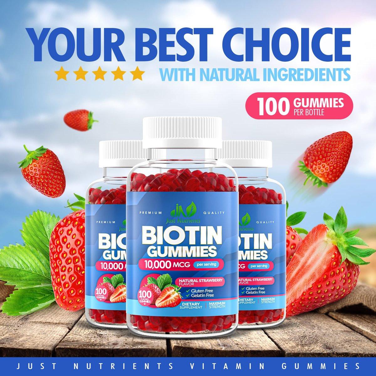 Biotin 10.000 mcg Gummibärchen für Haarwachstum, Haut & Nägel (100 Stück) - 2x Maximalstärke Biotin Vitamine für Frauen & Männer - Glutenfrei, Vegan, Erdbeergeschmack