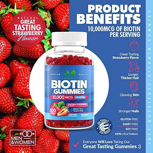 Biotin 10.000 mcg Gummibärchen für Haarwachstum, Haut & Nägel (100 Stück) - 2x Maximalstärke Biotin Vitamine für Frauen & Männer - Glutenfrei, Vegan, Erdbeergeschmack