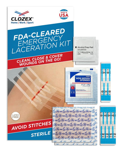 Clozex Komplettes Notfall-Wundverschluss-Set – Wunden ohne Nähte reparieren, FSA/HSA-fähig, hautfreundliche Pflaster für 2 einzelne Wunden oder kombinierbar für 6,3 cm Länge