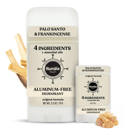 Humble Aluminum-freies Deodorant für Frauen & Männer, Palo Santo & Weihrauch – Natürlicher Deodorant-Stick mit ätherischen Ölen für langanhaltende Geruchskontrolle, Set aus 2 Sticks (Voll- & Reisegröße)