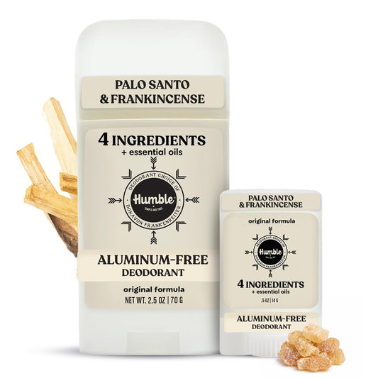 Humble Aluminum-freies Deodorant für Frauen & Männer, Palo Santo & Weihrauch – Natürlicher Deodorant-Stick mit ätherischen Ölen für langanhaltende Geruchskontrolle, Set aus 2 Sticks (Voll- & Reisegröße)