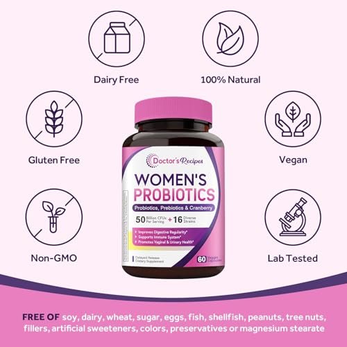 Doctor's Recipes Frauen Probiotikum – 60 Kapseln, 50 Milliarden KBE, 16 Stämme, mit Bio-Cranberry, für Verdauungs-, Immun-, Vaginal- und Harntraktgesundheit, magensaftresistent, ohne Soja, Gluten, Milchprodukte