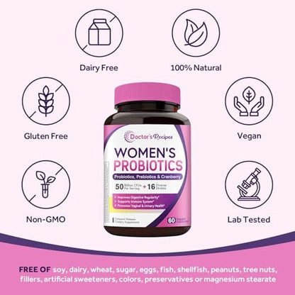 Doctor's Recipes Frauen Probiotikum – 60 Kapseln, 50 Milliarden KBE, 16 Stämme, mit Bio-Cranberry, für Verdauungs-, Immun-, Vaginal- und Harntraktgesundheit, magensaftresistent, ohne Soja, Gluten, Milchprodukte
