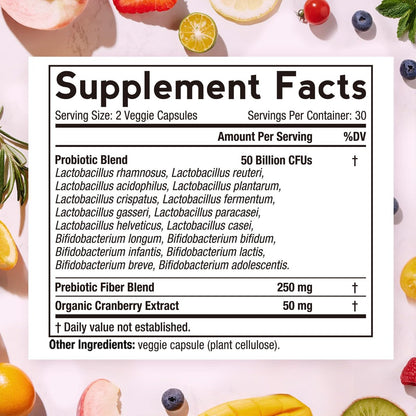 Doctor's Recipes Frauen Probiotikum – 60 Kapseln, 50 Milliarden KBE, 16 Stämme, mit Bio-Cranberry, für Verdauungs-, Immun-, Vaginal- und Harntraktgesundheit, magensaftresistent, ohne Soja, Gluten, Milchprodukte
