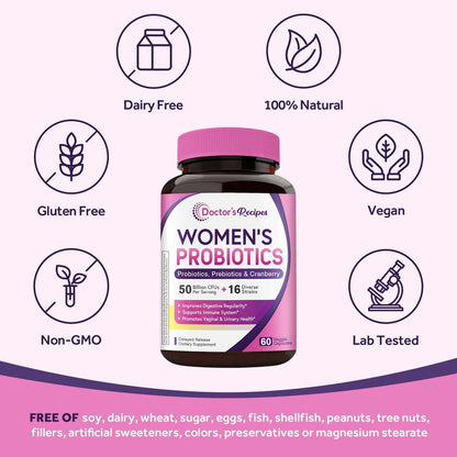 Doctor's Recipes Frauen Probiotikum – 60 Kapseln, 50 Milliarden KBE, 16 Stämme, mit Bio-Cranberry, für Verdauungs-, Immun-, Vaginal- und Harntraktgesundheit, magensaftresistent, ohne Soja, Gluten, Milchprodukte