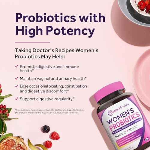Doctor's Recipes Frauen Probiotikum – 60 Kapseln, 50 Milliarden KBE, 16 Stämme, mit Bio-Cranberry, für Verdauungs-, Immun-, Vaginal- und Harntraktgesundheit, magensaftresistent, ohne Soja, Gluten, Milchprodukte