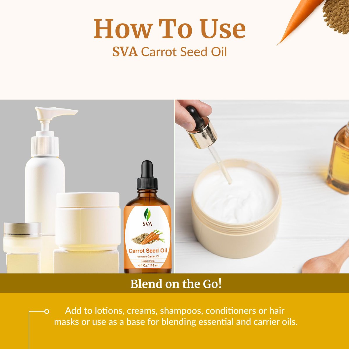 SVA Karottensamenöl - 118 ml – 100% natürliches kaltgepresstes Karottenöl für Gesicht, Hautpflege, Haarpflege, Kopfhautmassage & Körpermassage – Trägeröl mit Pipette