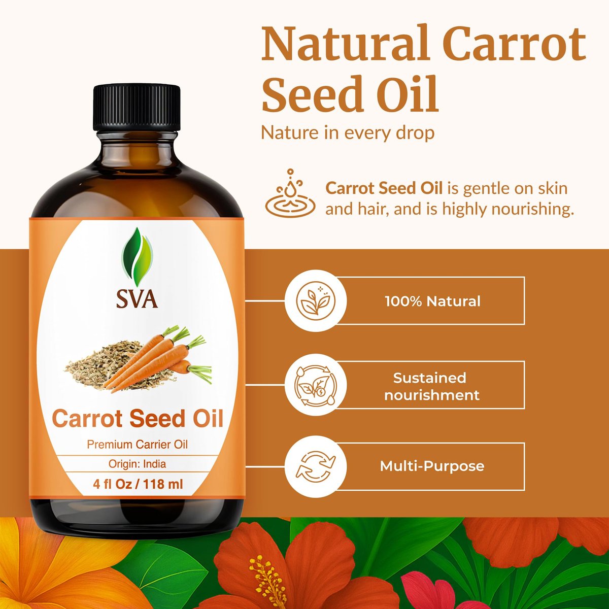 SVA Karottensamenöl - 118 ml – 100% natürliches kaltgepresstes Karottenöl für Gesicht, Hautpflege, Haarpflege, Kopfhautmassage & Körpermassage – Trägeröl mit Pipette