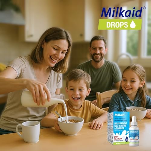 Milkaid Lactase-Enzym-Tropfen gegen Laktoseintoleranz | Verhindert Blähungen, Völlegefühl & Durchfall | Schnell wirkendes Milchzucker-Verdauungsergänzungsmittel | Glutenfrei & Vegetarisch | Ohne künstliche Aromen | 0,5 Fl Oz (1)