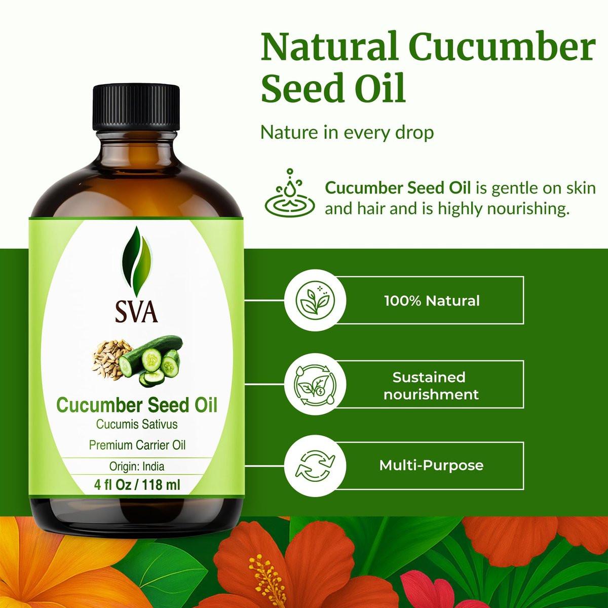 SVA Cucumber Seed Oil - 100% natürliches kaltgepresstes Gurkenöl für Gesicht, Haut, Haare und Massage - 118 ml mit Pipette