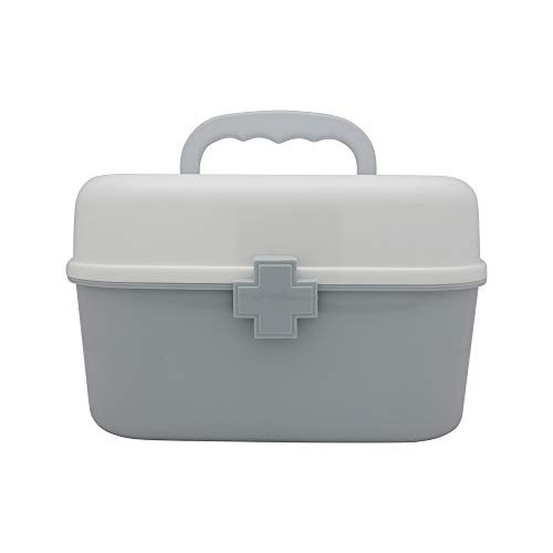 BangQiao Plastik Erste-Hilfe-Aufbewahrungsbox mit herausnehmbarer Schale und Tragegriff, Familien-Notfall-Medizinkoffer-Organizer, Weiß & Grau
