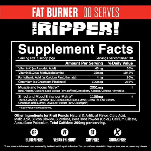 JNX SPORTS The Ripper! Fatburner Pre Workout für Männer & Frauen – Thermogene Fettverbrennung, Appetitzügler, Energie & Ausdauer – Fruit Punch, 30 Portionen