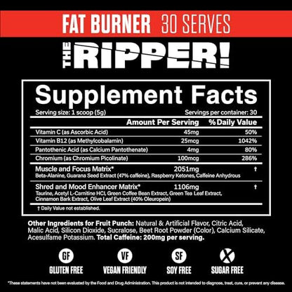 JNX SPORTS The Ripper! Fatburner Pre Workout für Männer & Frauen – Thermogene Fettverbrennung, Appetitzügler, Energie & Ausdauer – Fruit Punch, 30 Portionen