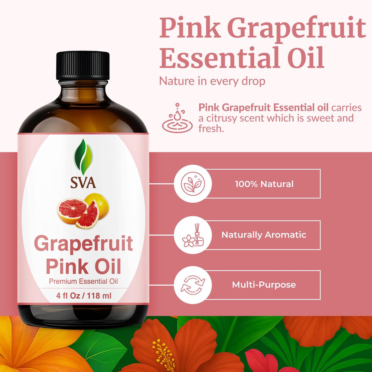 SVA Grapefruit Pink Grapefruit Bio Ätherisches Öl – 118 ml – 100% natürlich, für Diffuser, Haare, Gesicht, Haut, Aromatherapie, Massage, Seifen- und Kerzenherstellung mit Pipette