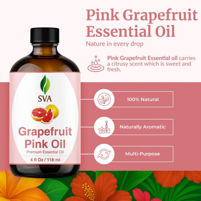 SVA Grapefruit Pink Grapefruit Bio Ätherisches Öl – 118 ml – 100% natürlich, für Diffuser, Haare, Gesicht, Haut, Aromatherapie, Massage, Seifen- und Kerzenherstellung mit Pipette
